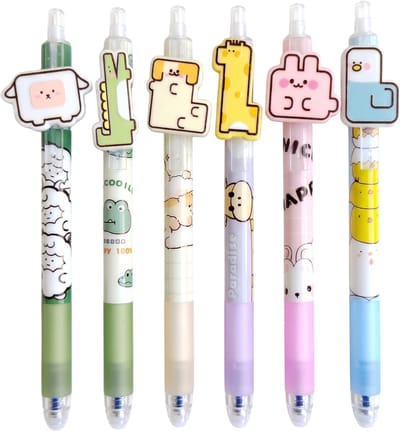 Ainy - Diertjes Uitwisbare Pen - set van 6 blauwe uitgumbare pennen voor in je etui - kawaii balpen | middelbare schoolspullen balpennen