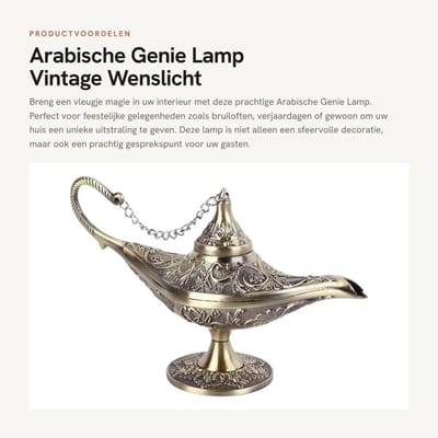 Dailygoods- Genie Lamp - Hoogwaardig Metaal - Vintage Wenslicht - Arabische Tafeldecoratie - Duurzaam Ontwerp - Afmetingen 22 x 12 x 7,5 cm - Decoratieve Lamp