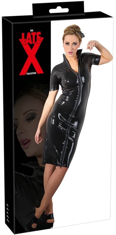 LateX – Latex Jurk Strak Ontwerp met Openstaande Kraag voor Gedisciplineerd Uiterlijk Maat 2XL – Zwart