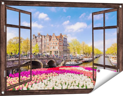 Gards Tuinposter Doorkijk Amsterdamse Huisjes aan de Grachten - 90x60 cm - Tuindoek - Tuindecoratie - Wanddecoratie buiten - Tuinschilderij