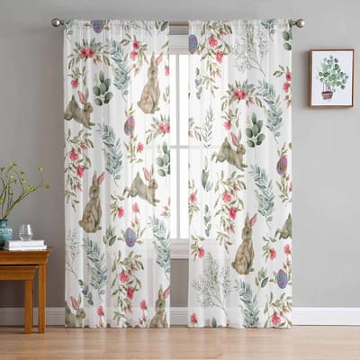 Aquarel Konijn Bloem Pasen Tule Voile Gordijnen voor Slaapkamer Woonkamer Raamgordijn Transparante Gordijnen Organza Draperieën 135W x 114H(cm) white