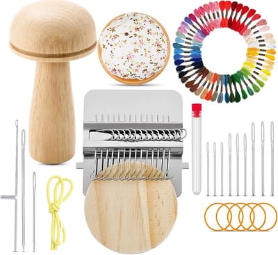 Mini Stopweefgetouw - Knit Patch Kit - Kleine stopweefgetouw - paddenstoel gebreide patchkit - Draagbare Darning Loom - Patchmaker breiset - Weefgereedschap - Complete breiset - Voor doe-het-zelf weven, reparatie, herstellen van jeans sokken