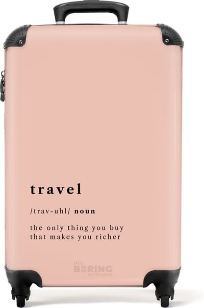 NoBoringSuitcases.com® - Handbagage koffer lichtgewicht - Reiskoffer trolley - Roze met 'travel' definitie - Rolkoffer met wieltjes - Past binnen 55x40x20 en 55x35x25