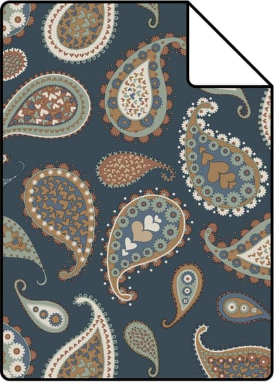 Proefstaal ESTAhome behang paisley donkerblauw, beige en mintgroen - 26.5 x 21 cm - 139285-S