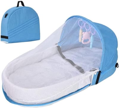 Baby Reisbed met Muggennet - Opvouwbare Baby Tent - Wasbaar & Ademend Reiskrabbelbed - Blauw - 1 Stuk