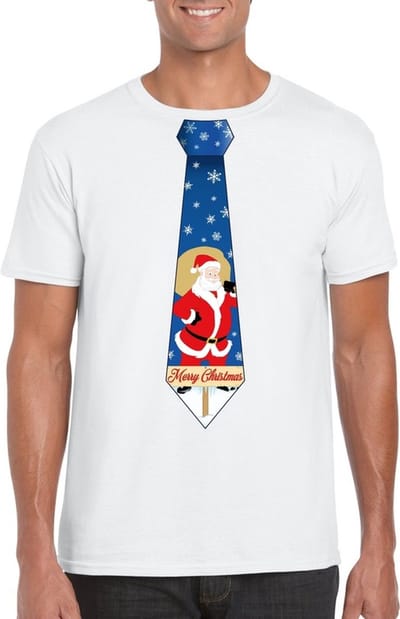 Foute Kersttrui t-shirt - voor heren - wit - met stropdas kerstman print - kerstdiner kleding - korte mouwen S