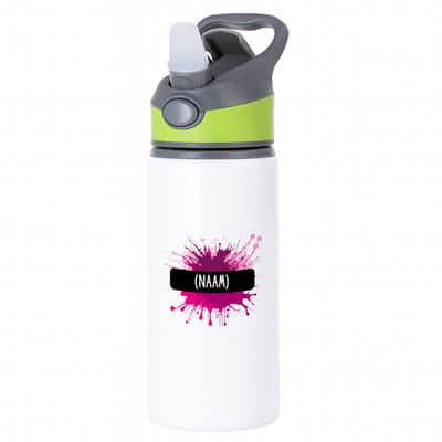 Hacebo® - Verfvlek roze/paars met je eigen naam waterfles met rietje groen - iemand die houdt van schilderen of kunst - kunstenaars - kunst liefhebbers - schilders - cadeau - verjaardagscadeau - kado - gift - water fles - 650ML