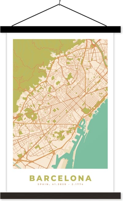 Posterhanger incl. Poster 40x60 cm - Schoolplaat - Kaart - Barcelona - Stadskaart - Vintage - Plattegrond - Textielposter - Zwarte latten - Stadskaart