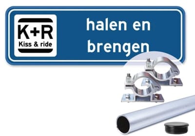Parkeerbord Kiss and Ride - Weerbestendig Aluminium - 40x15 cm - Bevestiging: Met paal 120 cm + paalbeugels + paaldop