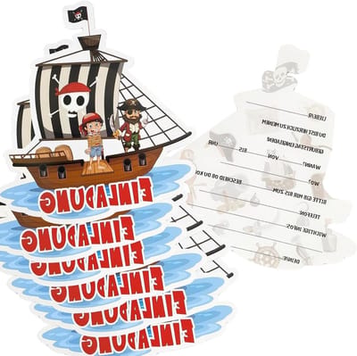 Allecto Plus - Piratenuitnodigingskaarten voor kinderverjaardag - Duits piratenschip design - Jongens en meisjes - Piratenverjaardag - Feestelijke uitnodigingskaarten - Set van 12 stuks
