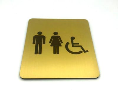 Deurbordje Toilet - WC bordjes - Tekstbord WC - Toilet bordje - WC - Bordje - WC Heren Dames Invalide - Man Vrouw Invalide - Geborsteld Goud Look - Pictogram - incl. 3M-tape plakstrip - 10 cm x 12 cm x 1,6 mm - 5 Jaar Garantie