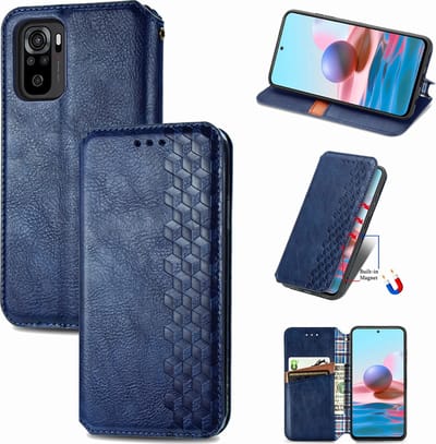 Luxe PU Lederen Ruitpatroon Wallet Case + Screenprotector voor Redmi Note 10 4G / Note 10S _ Blauw