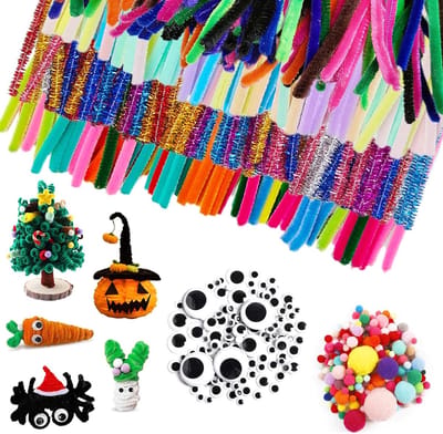 400 Kleurrijke Pijpenragers van 30 cm voor Creatieve Knutselprojecten, Inclusief 200 Pompoms en 400 Wiggly Ogen voor DIY Decoraties en Ambachten