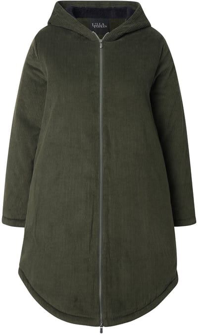 Ulla Popken - Dames - Corduroy parka capuchon tunnelkoord in de taille - Moeras groen - Maat 42+