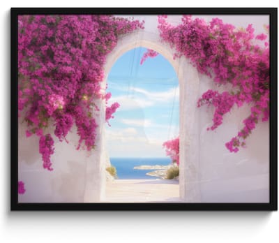 Poster in lijst - Fotolijst 70x50 cm - Posters - Zee - Roze - Bloemen - Poort - Posterlijst zwart - Decoratie - Wanddecoratie woonkamer - Muurdecoratie slaapkamer