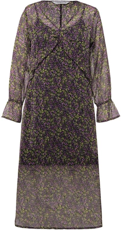 Studio Untold - Dames - Maxi jurk A-lijn chiffon minimalistische bloemen V-hals - Lavendel - Maat 42+