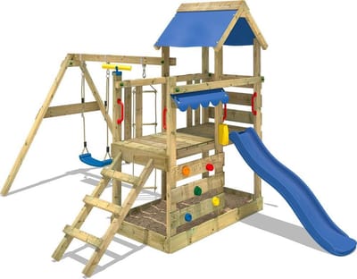 Wickey TurboFlyer Speeltoestel - Schommel en Touwladder met Glijbaan - Klimwand & Zandbak - 430x269x237 cm - Blauw