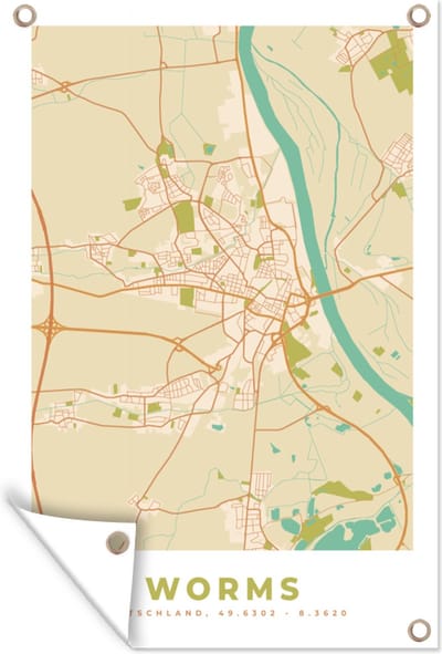 Muurdecoratie Plattegrond - Worms - Stadskaart - Kaart - Vintage - 120x180 cm - Tuinposter - Tuindoek