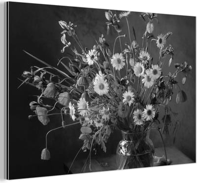 Aluminium schilderij 180x120 cm - Wanddecoratie metaal - Boeket - Bloemen - Olieverf - Stilleven - Zwart - Wit - Metalen muurdecoratie woonkamer - Decoratie industrieel - Foto op dibond - Industriële accessoires slaapkamer