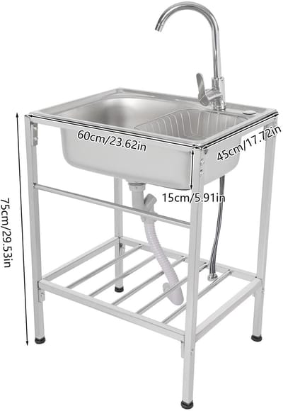 Damenzo - Spoelbak - Wastafel - Buiten keuken - Keukenblok - Spoelbak keuken - Werktafel - Afwasbak - 60x45x75cm - RVS - Zilver