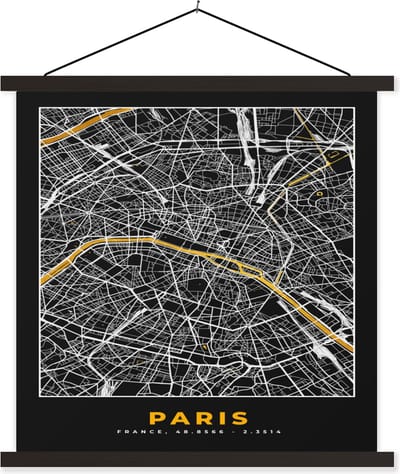 Posterhanger incl. Poster 60x60 cm - Schoolplaat - Paris - Stadskaart – Plattegrond – Kaart – Frankrijk - Textielposter - Zwarte latten - Stadskaart