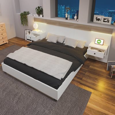 Tweepersoonsbedset met 2 LED-nachtkastjes en USB-C-aansluiting, 180 x 200 cm, houten bed inclusief 2 nachtkastjes, complete slaapkamerset - 205 x 284 x 90,5 cm (D/B/H), Sonoma Eiken/Wit (Matras niet inbegrepen)