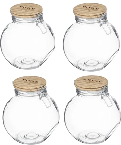 5Five Weckpot/voorraadpot - 4x stuks - 2,2L - glas - houten deksel en beugelsluiting - luchtdichte afsluiting