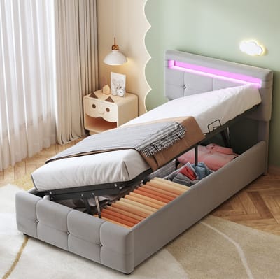 MEUNIQ kinderbed 90 x 200 cm met LED-verlichting, hydraulische opbergruimte, verstelbaar hoofdeinde, velours bekleding, grijs, voor kinderkamer