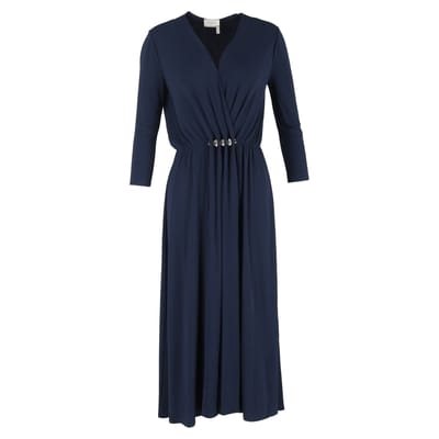 Lanvin midi-jurk met V-hals, plooien en lange mouwen in marineblauw polyester