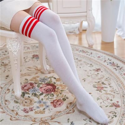 Chaussettes Longues Femme Hautes Cuisses Chaussettes Bas d'Halloween Sexy Haut Genou Chaussettes Rayées Lolita Arc-en-ciel Jk One Size gray