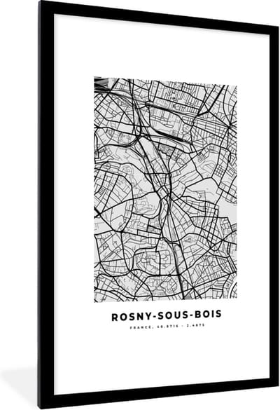 Fotolijst incl. Poster - Rosny-sous-Bois - Plattegrond - Frankrijk - Kaart - Stadskaart - 80x120 cm - Posterlijst
