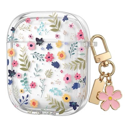Transparant bloemen patroon hoesje voor oordopjes geschikt voor AirPods 4 – afgeronde hoeken, doorzichtig beschermhoesje met kleine bloemprint, metalen karabijnhaak en decoratieve bloem hanger