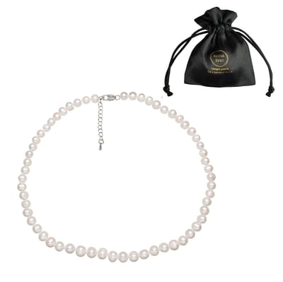Zoetwater parelketting Bella - echte parels - handgeknoopt - sterling zilver (925) - wit - 44 cm + 5 cm verlengketting - luxe sieraden zakje - parelketting dames