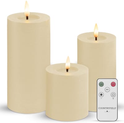 Countryfield LED Kaarsen Met Afstandsbediening - Echte Wax - Elektrische Kaarsen - Op Batterijen - Bewegende vlam - Dimbaar en Timer Functie - Set van 3 - Stompkaarsen - Creme