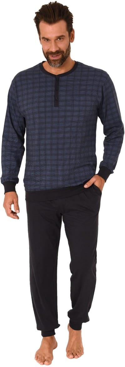 Herenpyjama met lange mouwen, manchetten en knopenband in de nek - ook in oversized maten