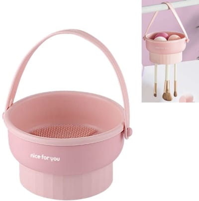 3-in-1 reinigingspad voor make-upkwasten-reinigingsborstelhulpmiddel- schoonmaakgereedschap en opbergrek-geschikt voor van make-upkwasten-poederdonsjes en beautyblenders-roze- 14,5*13*8cm