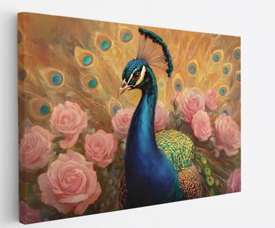 Saammp Canvas Schilderij - Pauw - Roze Rozen - Bloemen - Dieren - Natuur - 45x30 - Foto op canvas - Wanddecoratie - muurdecoratie Woonkamer - Slaapkamer decoratie - Canvas Print