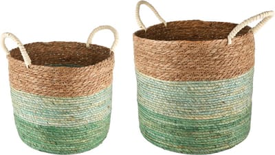 Dekoratief | Set 2 manden m/handvaten, naturel/groen, jute, 40x40x34cm | A250083