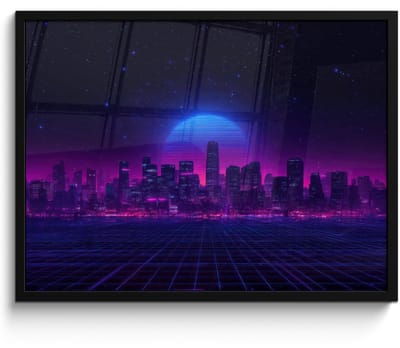 Poster in lijst - Fotolijst 80x60 cm - Posters - Skyline - Zon - Neon - Rasterpatroon - Posterlijst zwart - Decoratie - Wanddecoratie woonkamer - Muurdecoratie slaapkamer