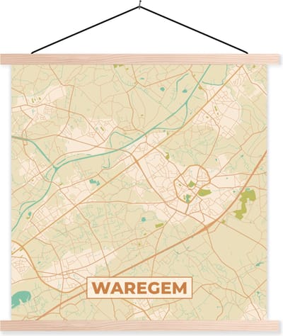 Posterhanger incl. Poster 40x40 cm - Schoolplaat - Plattegrond - Vintage - Kaart - Stadskaart - Waregem - Textielposter - Blanke latten - Stadskaart