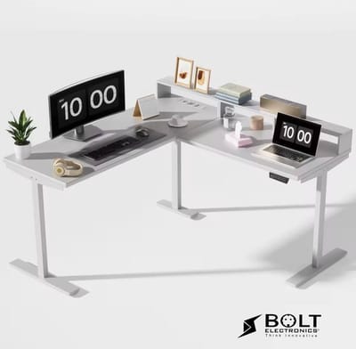 Bolt Electronics Elektrisch Verstelbaar Bureau L-Vorm – In Hoogte Verstelbaar met Dubbele Motor – Met USB-Poorten & Stopcontacten – Ergonomisch Laag Design – Stabiel Stalen Frame – Wit