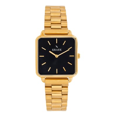 KRAEK Eva Goud Met Zwarte Wijzerplaat 28 mm | Dames Horloge | Goud stalen horlogebandje | Vierkant | Minimaal Design | Schakelband | Gratis Horloge Gereedschap