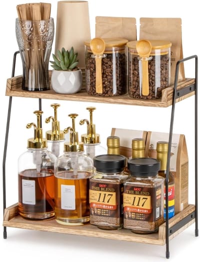 Famanu – Aanrecht Koffiebar Organizer - Keuken Organizer - Houten Shelf voor Koffie Accessoires - Storage Organizer voor Keuken - Huis - Kantoor - Bruin