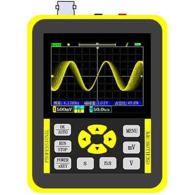 Draagbare mini digitale oscilloscoop met 2,4 inch kleurenscherm 120M bandbreedte 500M bemonsteringsfrequentie geel