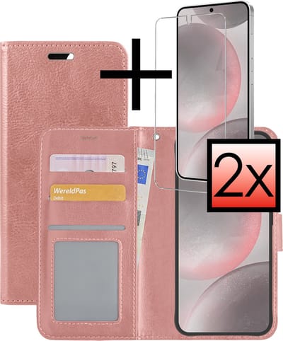 Hoesje - Met 2x Screenprotector - Geschikt voor Samsung Galaxy S24 - Luxe Pasjeshouder - Bookcase Portemonee - Flip Case - Kunstleer Book Case - Flipcase Hoes - Book Cover - Walletcase - Portemonneehoes - Rosé goud