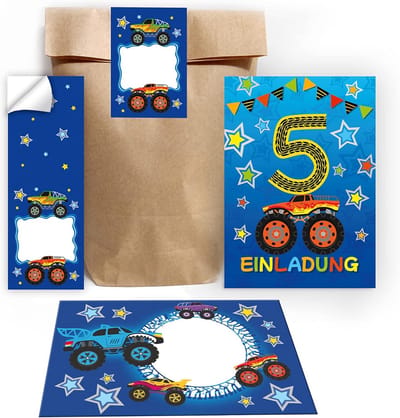 12 Uitnodigingskaarten 5e Verjaardag Jongen Monster Truck Auto Thema Inclusief Enveloppen en Stickers