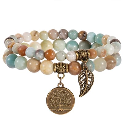 Bixorp Gems Dubbele Zweedse Amazoniet Armband met Levensboom & Veertje - Edelsteen Kralenarmband met Hanger - Chakra