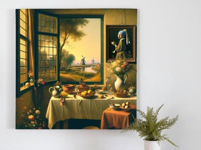 Abstract vermeer schilderij | Verdwaalde harmonie: een moderne interpretatie van een Vermeer meesterwerk | Kunst - 80x80 centimeter op Forex | Foto op Forex