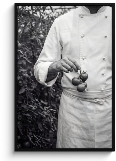 Poster in lijst - Fotolijst 80x120 cm - Posters - Tomaten - Chef - Zwart - Wit - Posterlijst zwart - Decoratie - Wanddecoratie woonkamer - Muurdecoratie slaapkamer