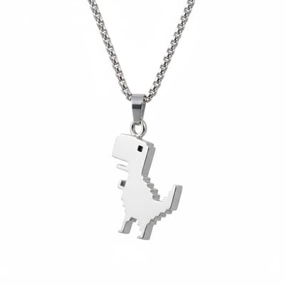 Zilverkleurige schakelketting met pixel dinosaurus hanger voor heren en dames – metalen ketting met retro videogame ontwerp